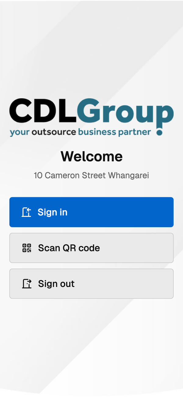 The same sign-in on a visitor's phone, opened from the poster QR — the workplace's branding with sign in, QR and sign out actions.